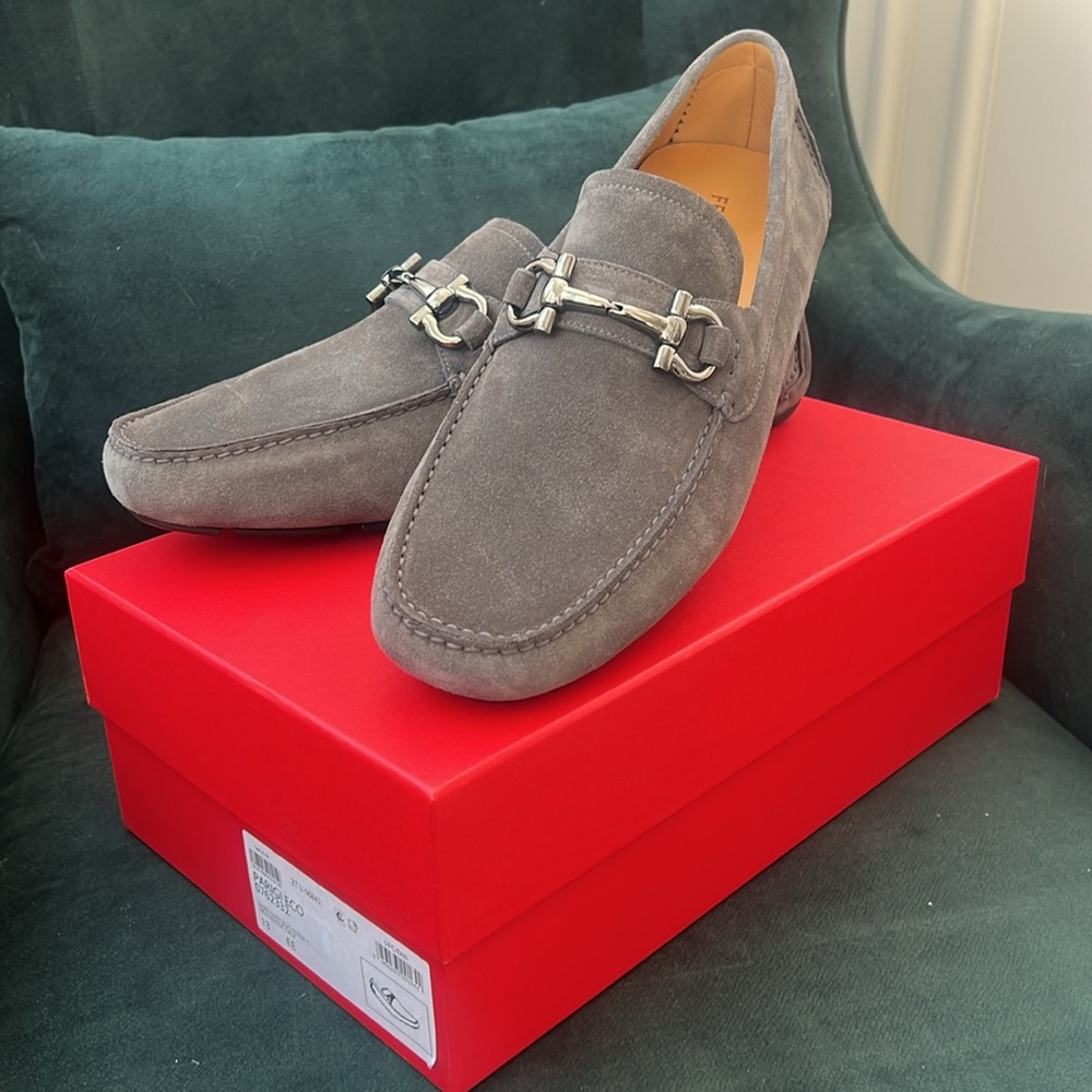 New In Box Ferragamo Parigi Suede Loafers Dark Gray